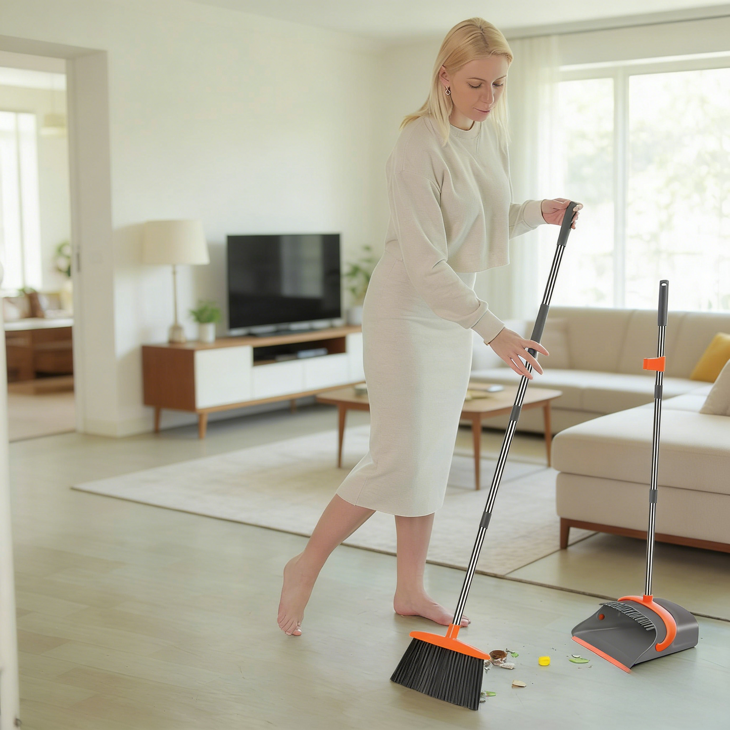 Adjustable-Length Broom and Dustpan Set (No-Bending Design)
