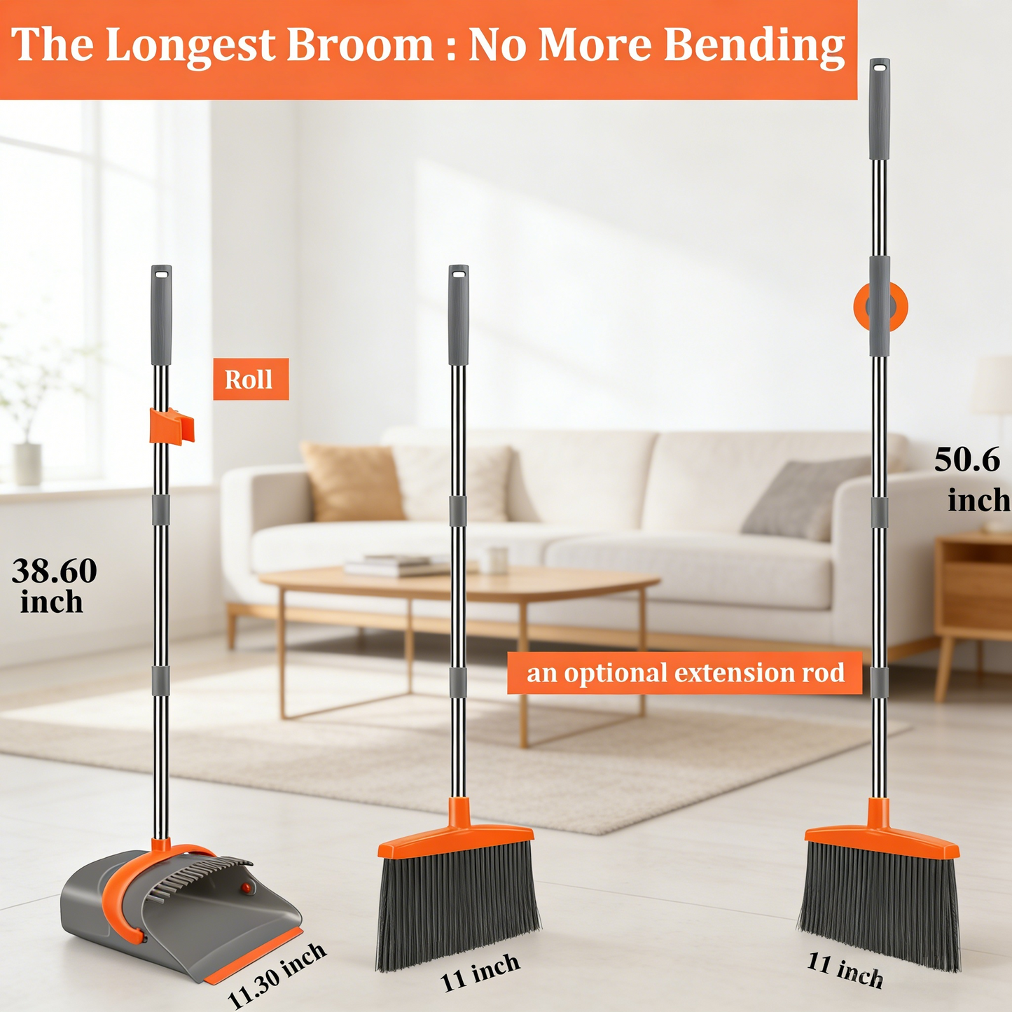 Adjustable-Length Broom and Dustpan Set (No-Bending Design)
