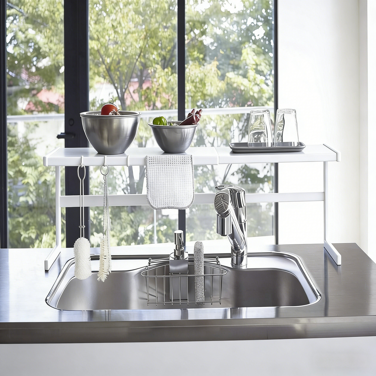 Adjustable Expandable Kitchen Shelf Rack with Hanging Storage